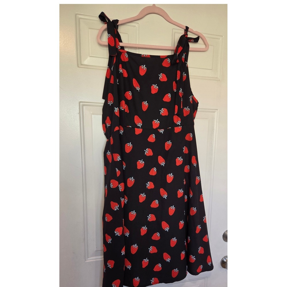 Joress Curve Strawberry Print Dress Black Red Tie Shoulder Plus Size 4XL